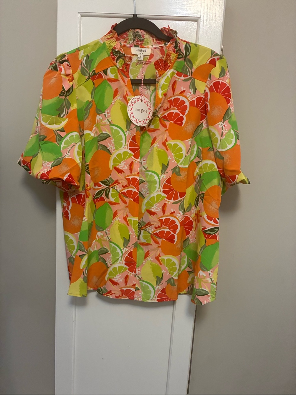 Umgee Bright Citrus Print Short Sleeve Blouse - Orange, Green & Pink